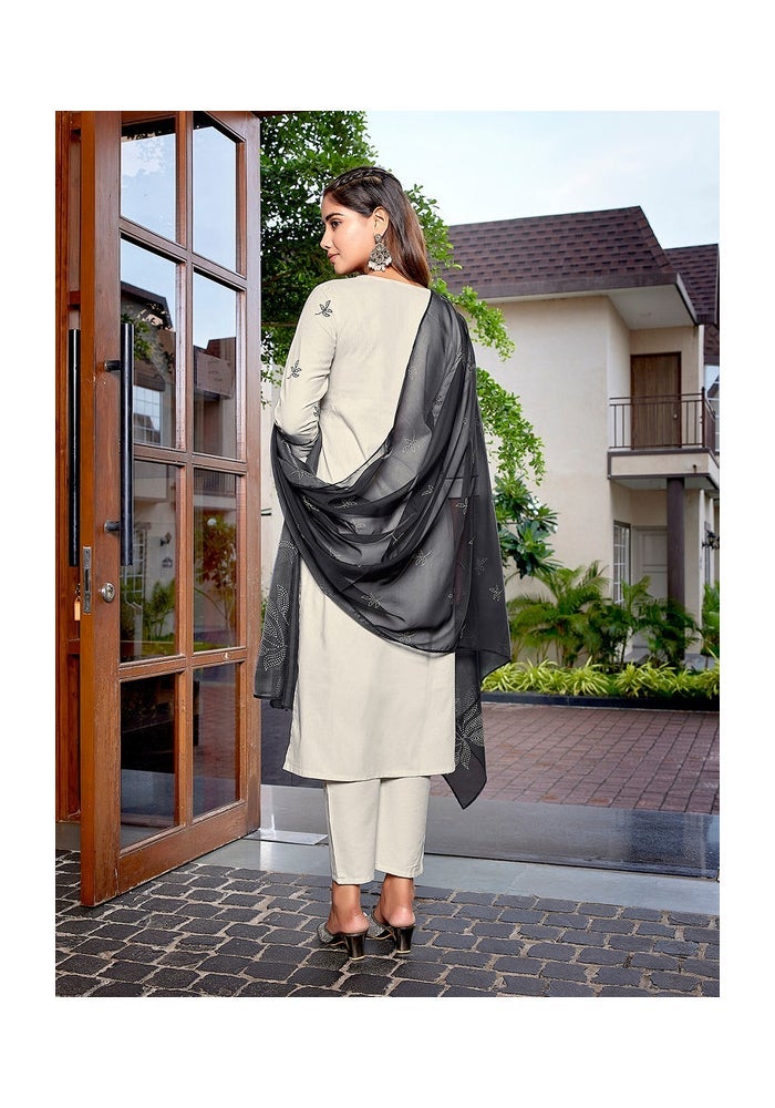 Malishka Export Cream Cotton Embroidered Kurta Pant With Dupatta for Women - Image 2